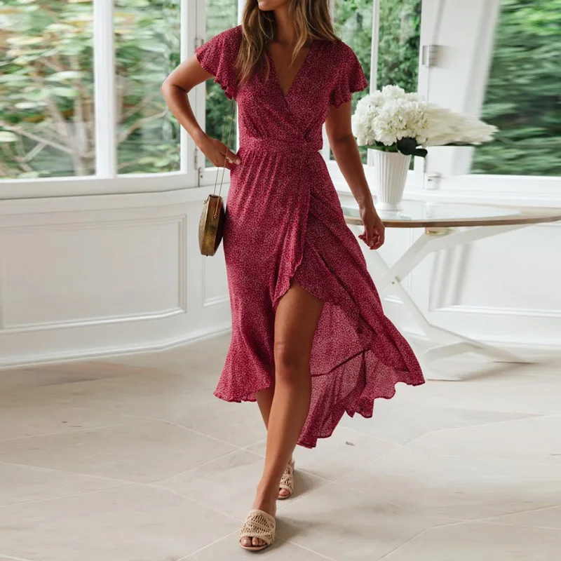Boho Цветочный принт Для женщин длинные платья 2019 летние оборками шифоновое