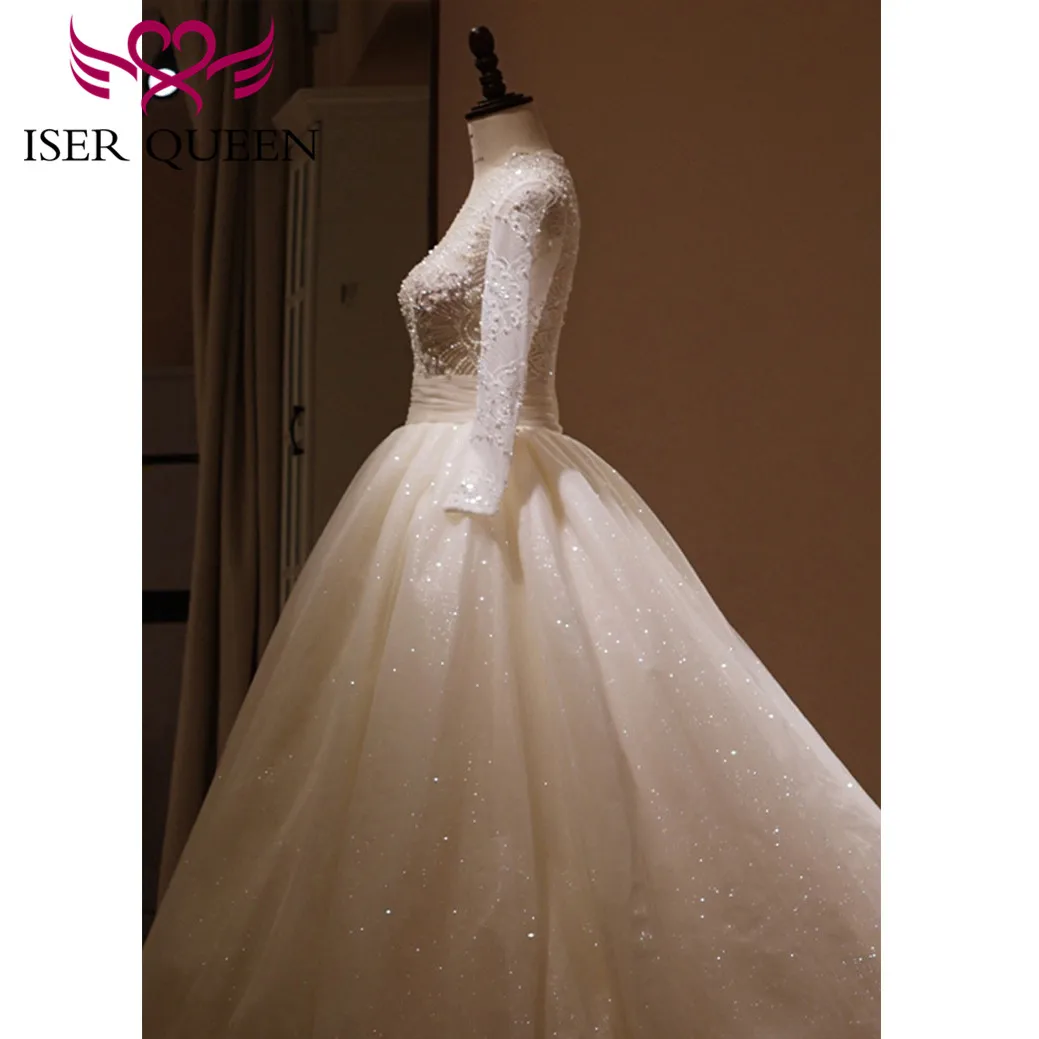 

Pearls and Beading Tulle Wedding Dress V-neck Long Sleeves Beautiful Wedding Gown Big Train Zipper Back Champagne WX0158