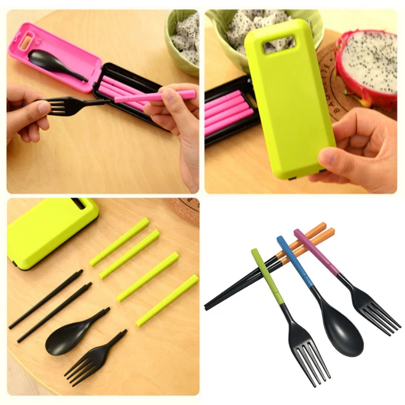 3 In 1 Folding Dinnerware Cutlery Fork Chopsticks Set With Storage Box Portable Outdoor Camping Traveling Tableware |