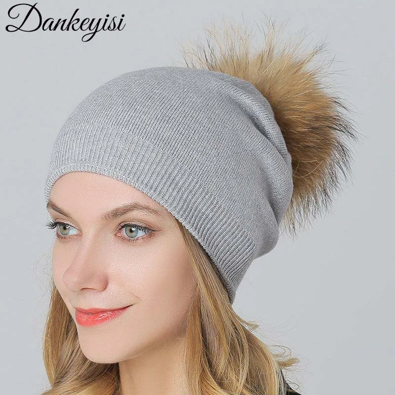 

DANKEYISI Real Fur Hat Winter Big Raccoon Pom Pom Hat Women Warm Thick Stretchy Wool Knitted Fur Pompom Skullies Beanies Bonnet