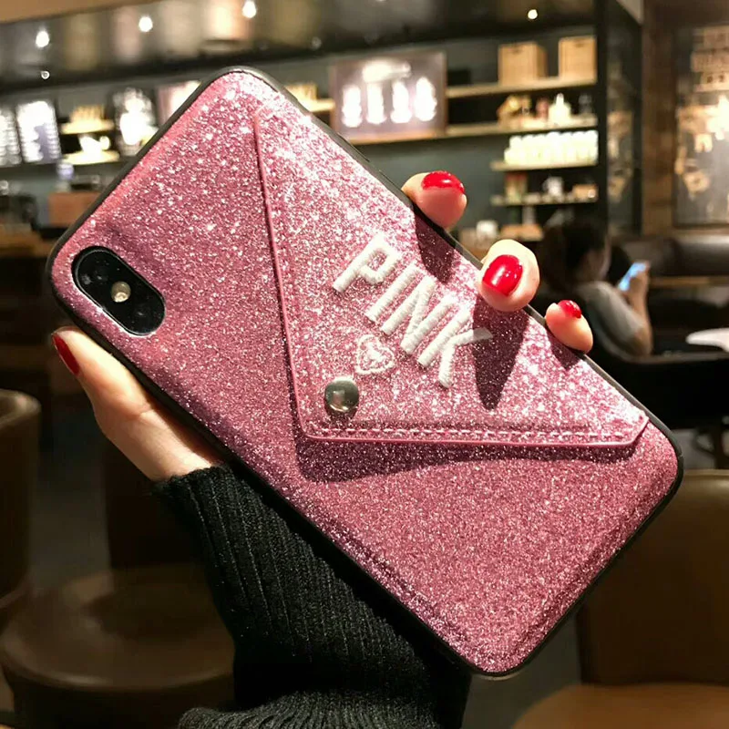 Luxury PINK Brand NEW Glitter Embroidery Leather Fashion Hot Cute Pink Case for iPhone 7 Plus 7+ 8 6 6s X Phone Secret |