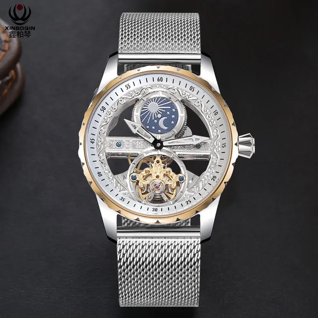 Mesh Gold Креативные прозрачные мужские механические часы с автоматическим заводом, часы с турбийоном из натуральной кожи, водонепроницаемые часы Montre Moon Phase - Цвет: Mesh Gold