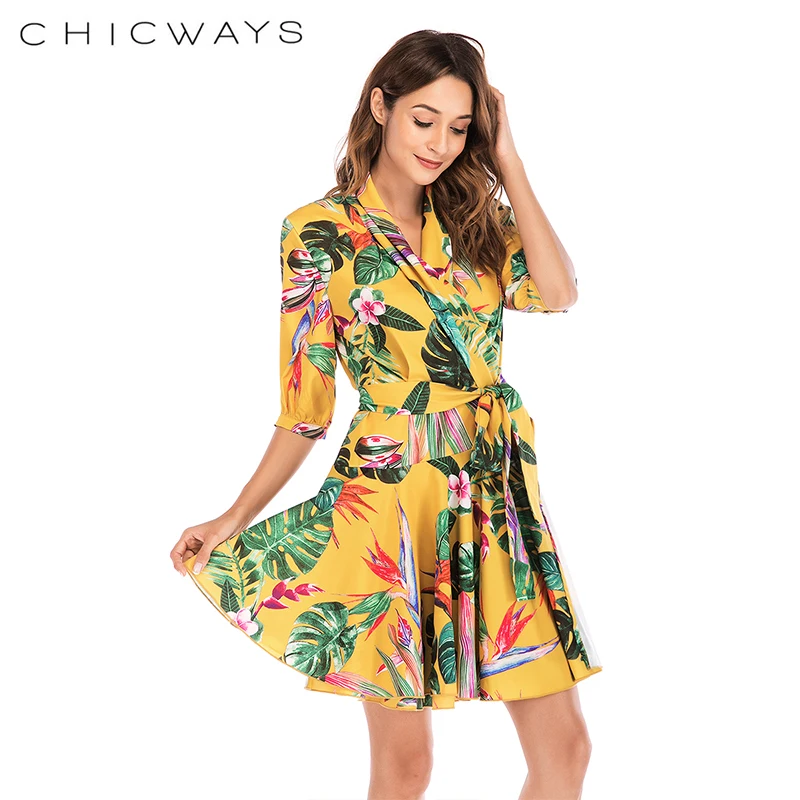 Chicways тропические Плам лист печати элегантное платье для женщин Сексуальная V шеи