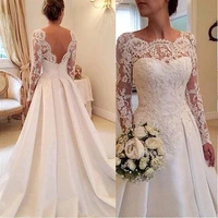 2021 long sleeve wedding dresses a line sheer neckline backless lace and satin bridal wedding gowns