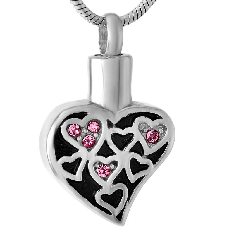 IJD9506 Pink Crystal Heart For Ashes Holder Crematio Pendant Keepsake Necklace Pet/Human Memorial Jewelry 20'' Snake Chain |