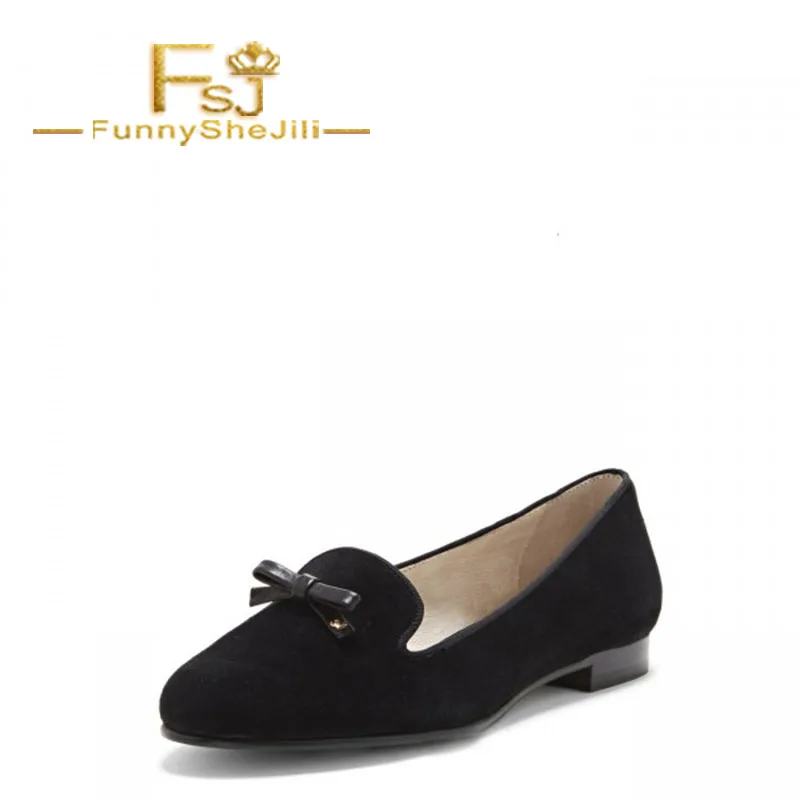 

Black Suede Round Toe Loafers for Women Comfortable Flats with Bow Attractive Generous Incomparable Sexy FSJ Noble Elegant