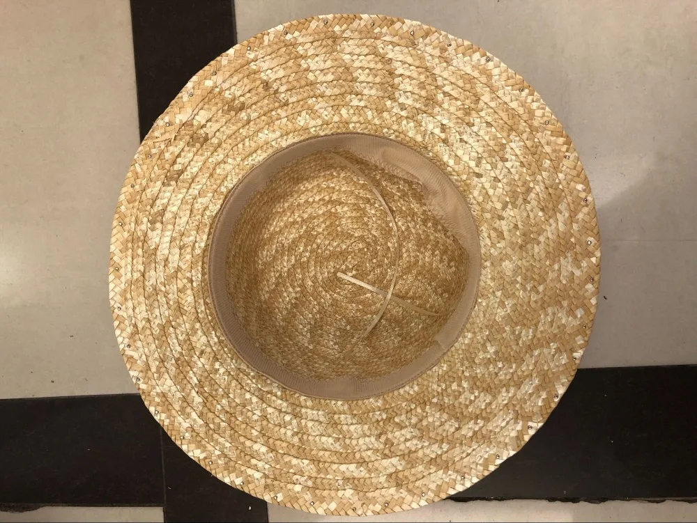 Wide Brim Pearls Straw Hat For Women Flat Top Summer Sun Hats Wheat Ladies beige Girl Beach Chapeu Feminino | Аксессуары для