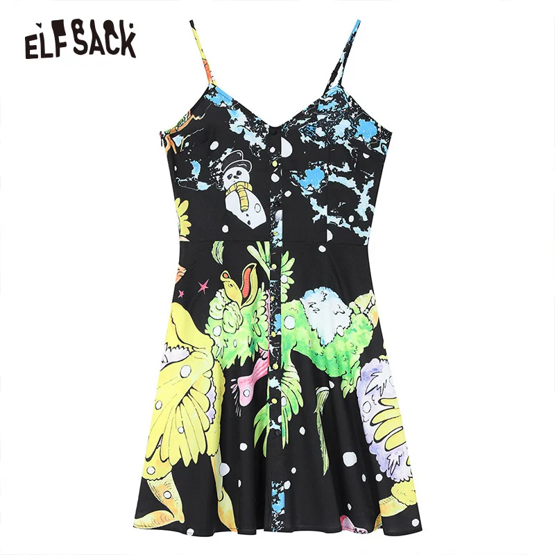 ELF SACK винтажное Черное женское платье на бретелях с принтом 2019 летнее сексуальное
