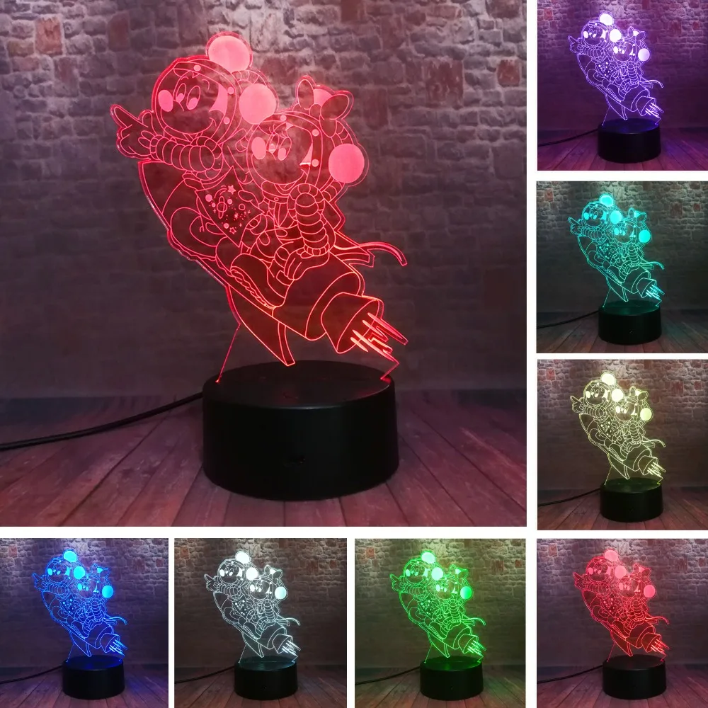 3D космический Микки Минни Маус мыши космонавты и ракеты фигурка 7 цветов ночной