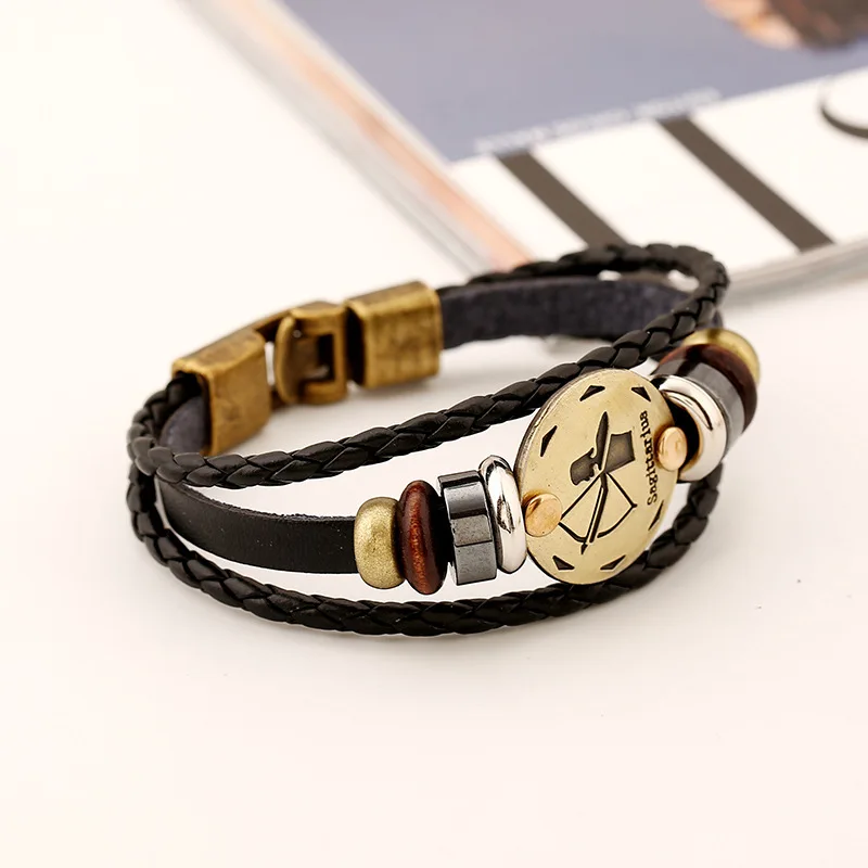 2017 бронзовый сплав пряжки 12 знаков зодиака браслет в стиле панк кожаный