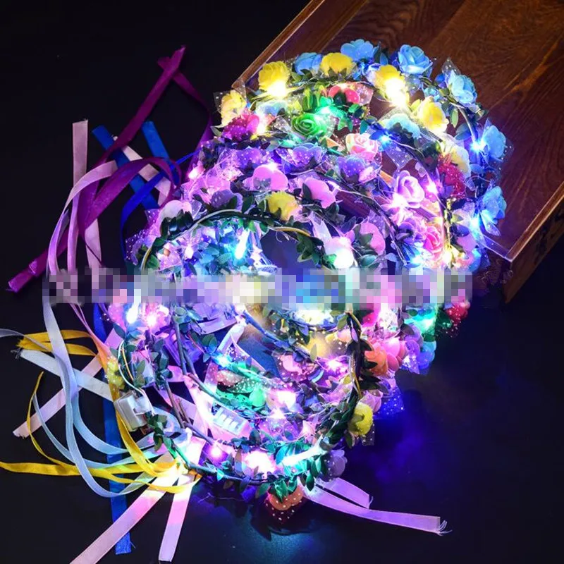 

New LED Light Glowing Flower Headband Flashing Garland Wreath Women Girls Glow Headwear Halloween Glow Party Supplies Wedding