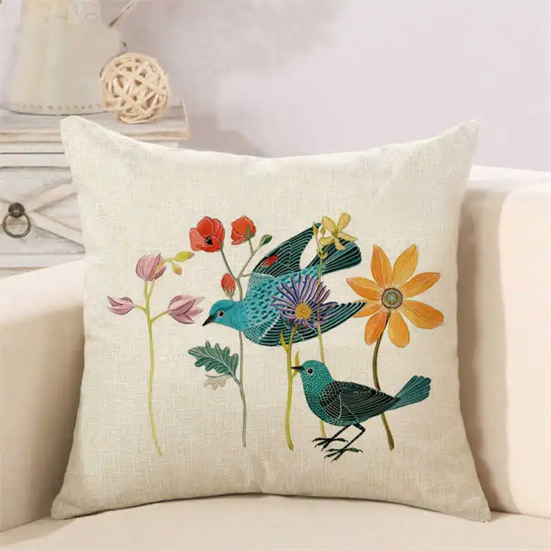 Cotton Linen Throw Pillow Case Home Sofa Decorative Painting Floral Birds Cushion Cover | Дом и сад