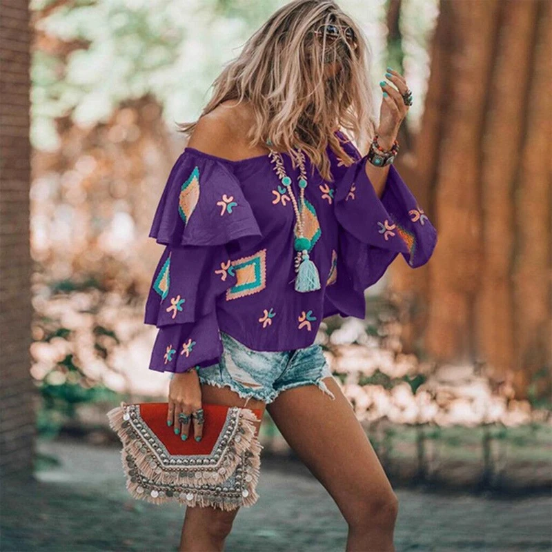 Lipswag 3XL Sexy Off Shoulder Printed Blouse Women Double Ruffles Flare Sleeve Shirt Slash Neck Blusas Tops Plus Size | Женская одежда