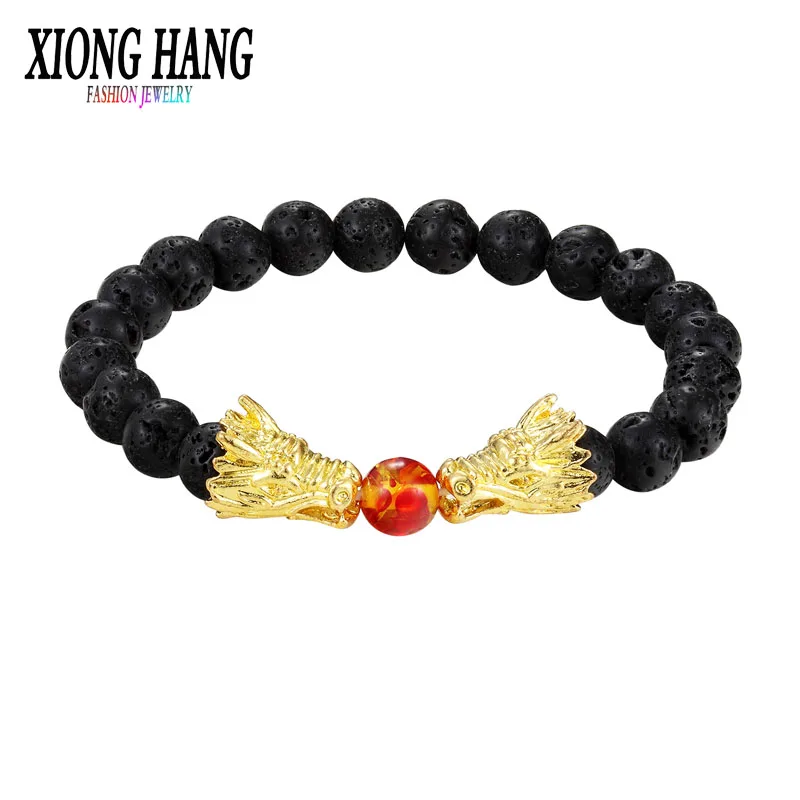 gold XiongHang, Модный черный браслет из белого бисера, натуральный камень, черная лава, бусина, два дракона, играть в один шар, мужские и женские ювелирные изделия - Окраска металла: gold