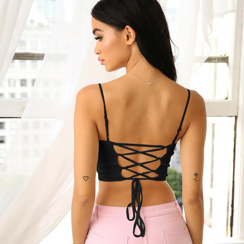 Toplook Для женщин топы лето модная женская обувь на шнуровке с рюшами с овальным вырезом на спине укороченный топ белого цвета без рукавов основного ремешка топ сексуальный топ