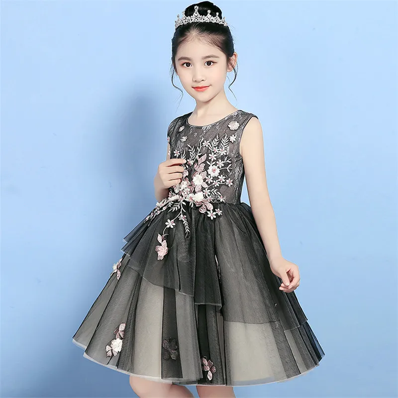 

Children Girls 2022 Luxury New Black Color Embroidery Flowers Princess Birthday Evening Party Dress Kids Babies Ball Gown Dress