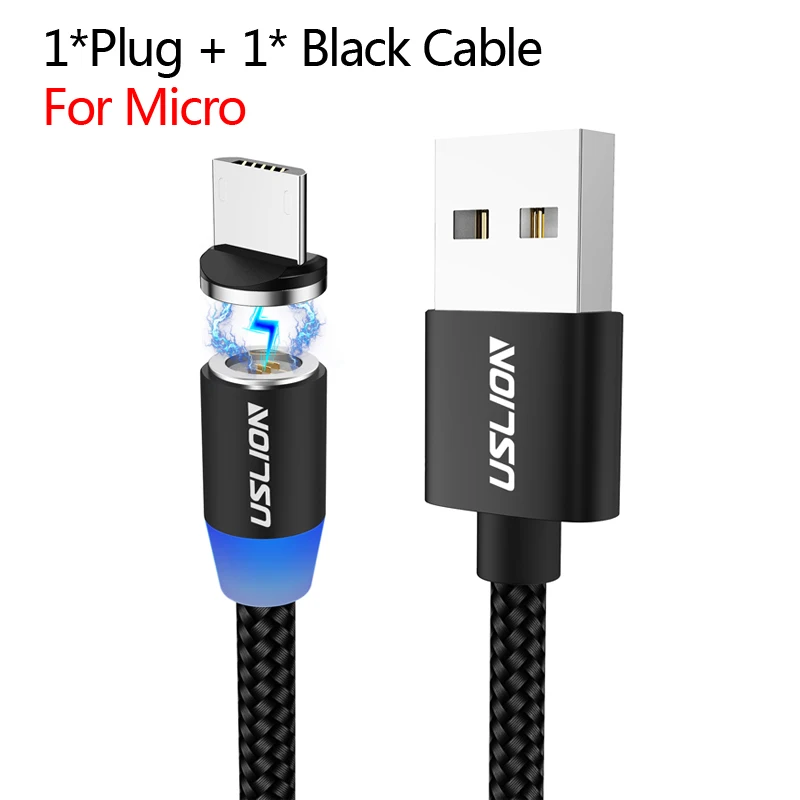 USLION Micro USB Магнитный кабель type-C Магнитный кабель для зарядки телефона 1 м 3 А Быстрая зарядка Android type C провод для huawei P30 samsung - Цвет: Micro Black