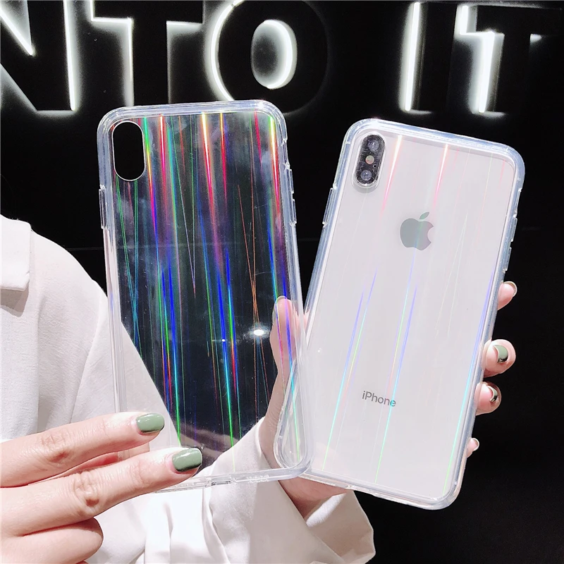 Модный градиентный Лазерная Радуга чехол для iPhone X XS Max XR прозрачный жесткий Капа