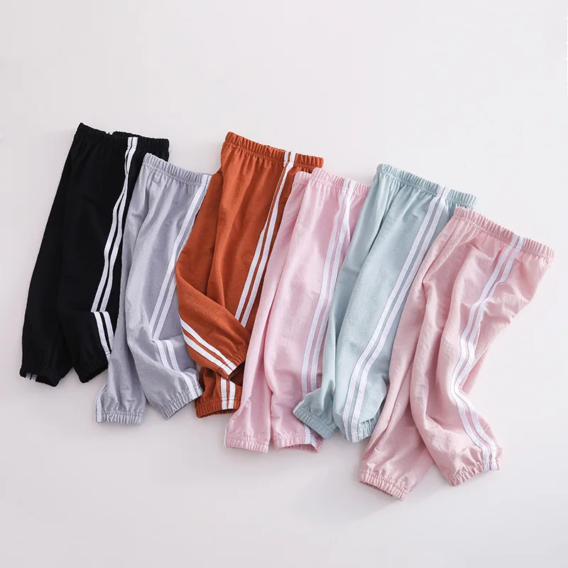 Летние детские штаны с защитой от комаров тонкие однотонные в полоску для