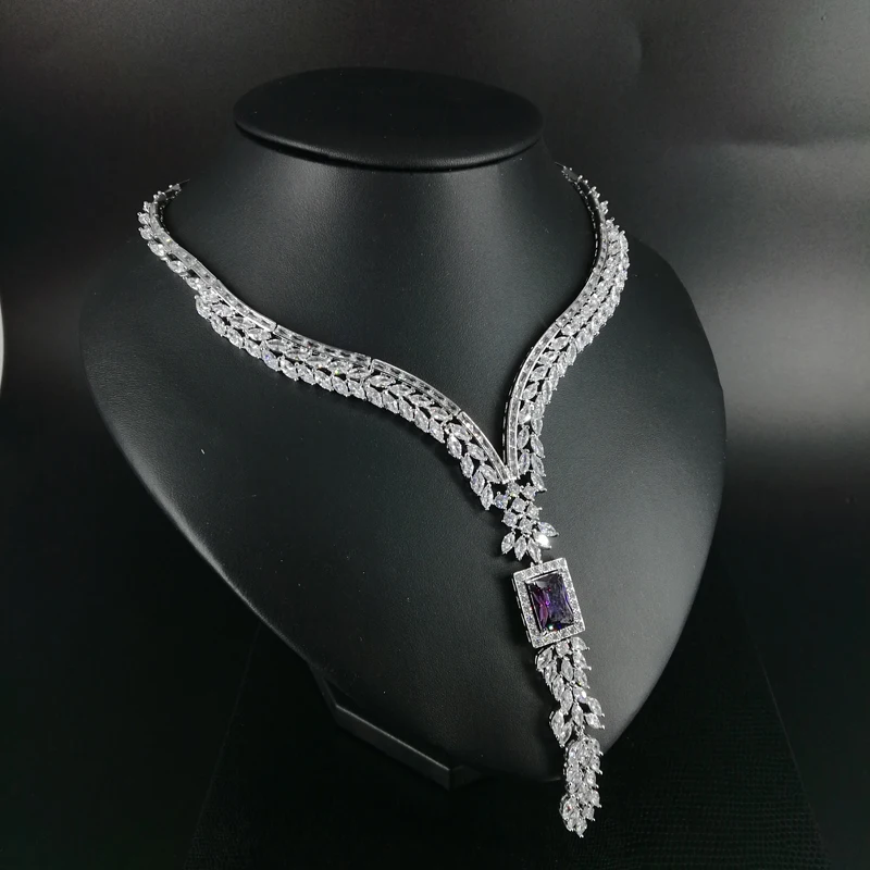 Новая мода винтажный V стиль фиолетовый квадрат циркон ожерелье серьги свадьба