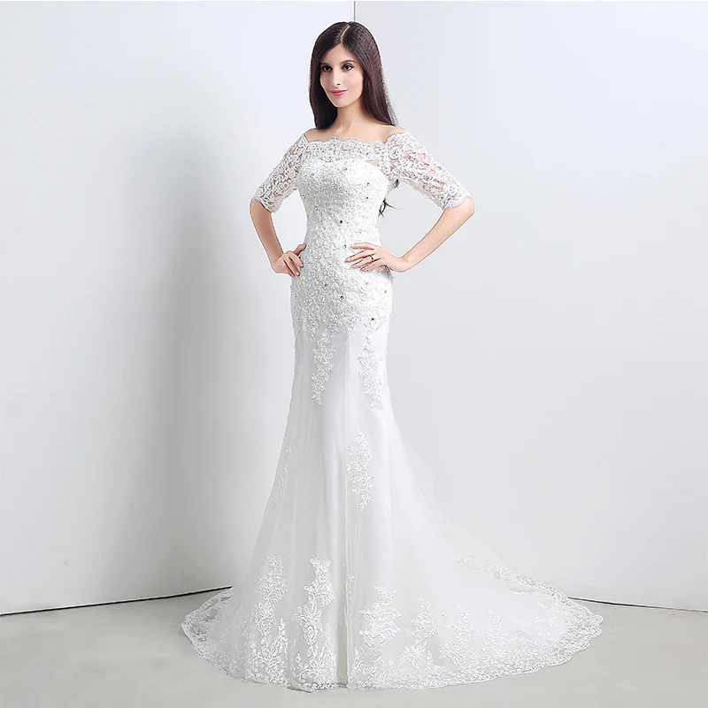 Vintage Mermaid Wedding Dresses Boat Neck Off The Shoulder Illusion Half Sleeves Appliques Diamonds robe de soiree Gowns | Свадьбы и