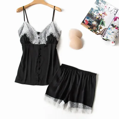 black 2pcs Daeyard, женские шелковые пижамы, 4 шт, пижамные комплекты, одежда для сна, Сексуальная кружевная отделка, для сна, для отдыха, v-образный вырез, халат, пижама, весна-лето, домашняя одежда - Цвет: black 2pcs