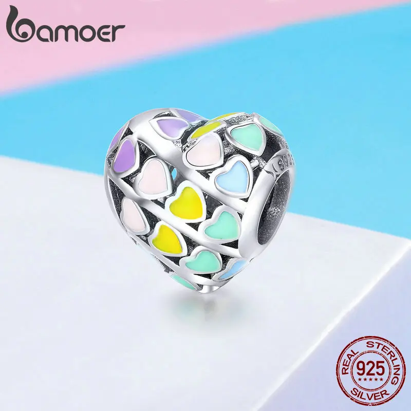 BAMOER, романтические 925 пробы, серебряная Радуга, Сердце, цвет, эмаль, подвески, бусины, подходят для оригинальных браслетов, сделай сам, изготовление ювелирных изделий SCC902
