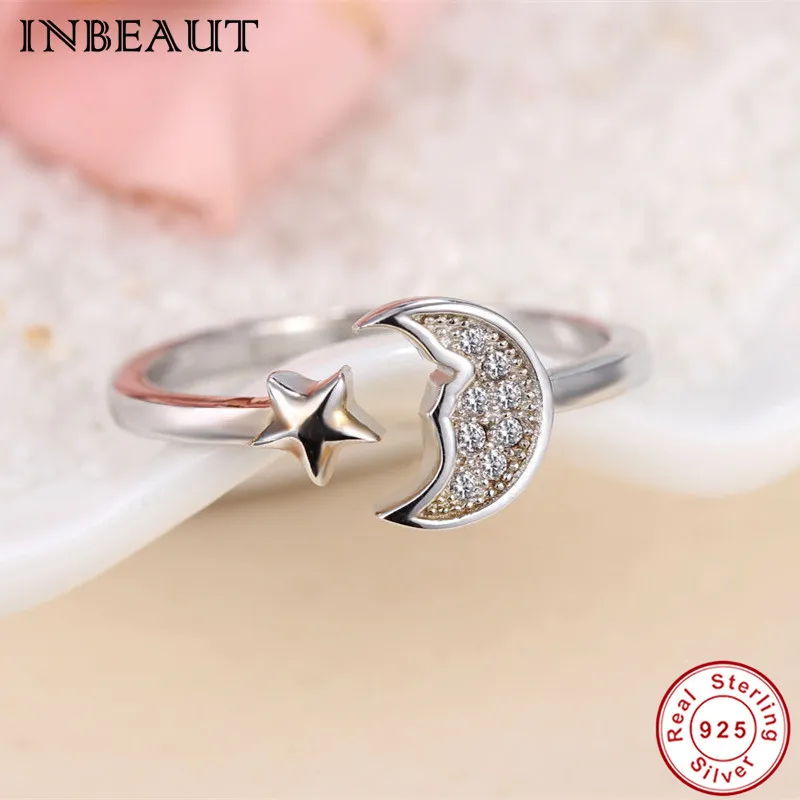 100% 925 Sterling Silver Lucky Star Power Ring Women S925 Elegant Tale Moon&ampStar Vintage Open Rings Designs Antique Jewelry | Украшения