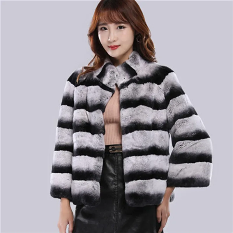 abrigos mujer invierno 2022 natural chinchilla Rex Rabbit fur coat jacket short overcoat stand collar striped outerwear coats enlarge