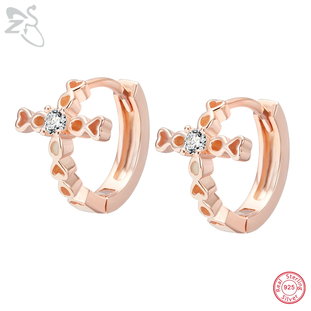 

ZS Cute 925 Sterling Silver Hoop Earrings Cross Heart Earring CZ Crystal Ear Rings Gifts For Women Girls Pendientes Accessories