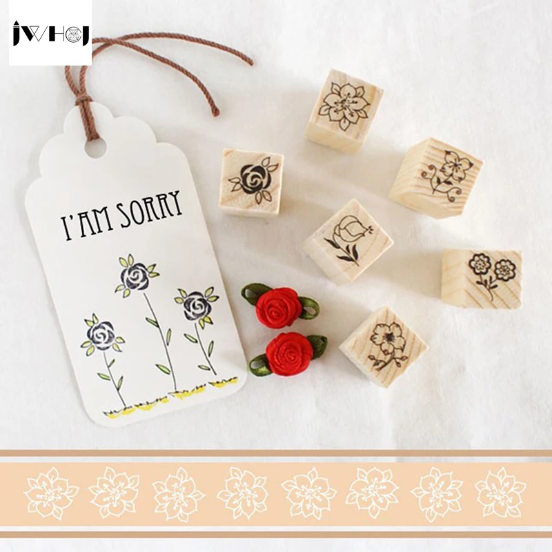 12 шт./компл. милый деревянный комплект резиновых штампов сделай сам с цветами и