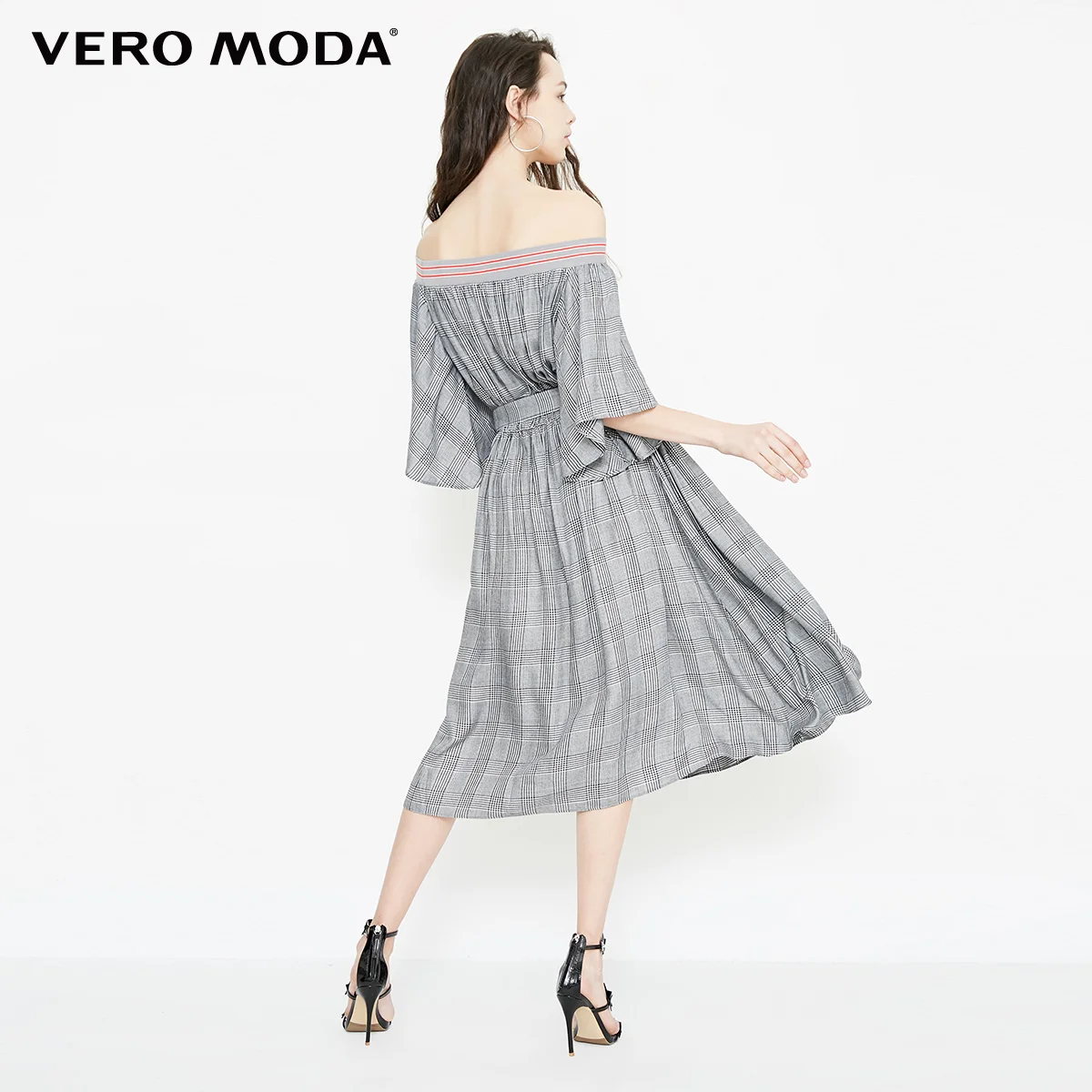 Vero Moda Новое Женское винтажное клетчатое платье в рубчик с расклешенными рукавами на шнуровке | 31836Z503