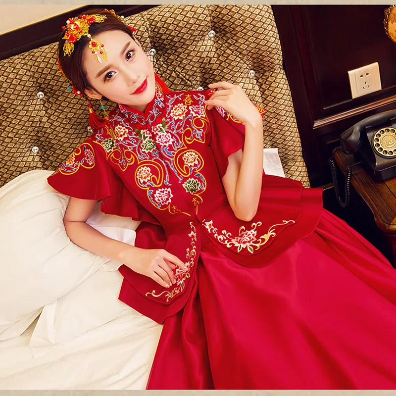 Традиционное китайское свадебное платье Современная вышивка Cheongsam длинное Qipao красные восточные воротники вечерние платья платье с драконом Халат