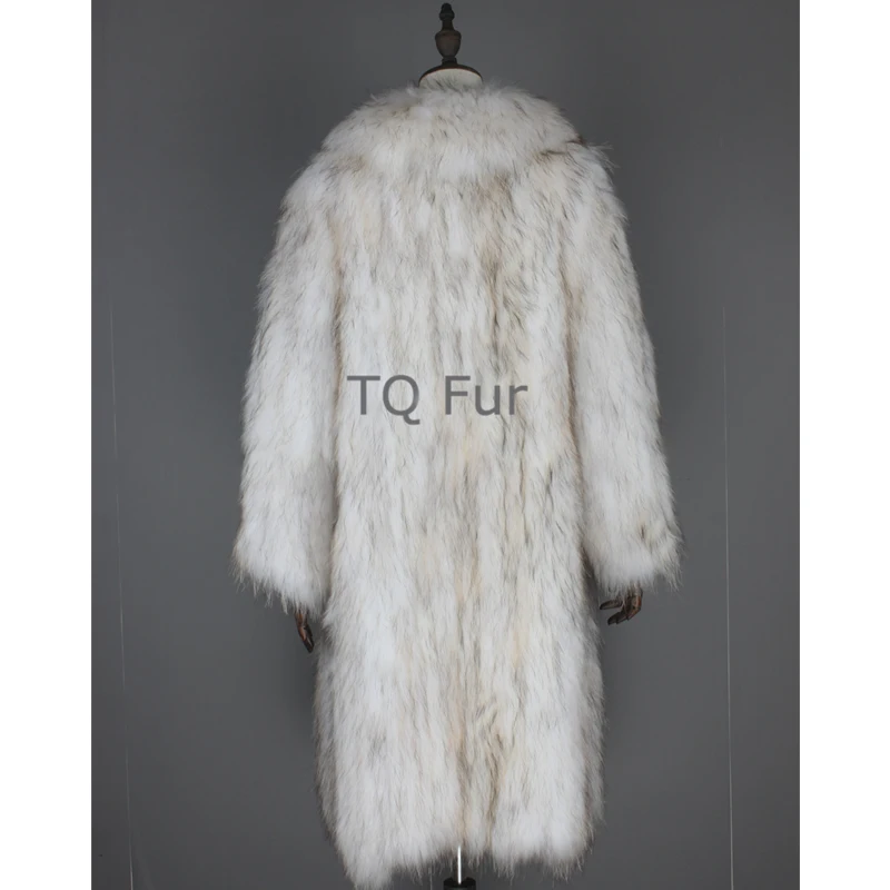 Winter Women Overcoat Knit Raccoon Fur X-Long Coat With Falbala Collar Full Sleeves Outerwear Natural