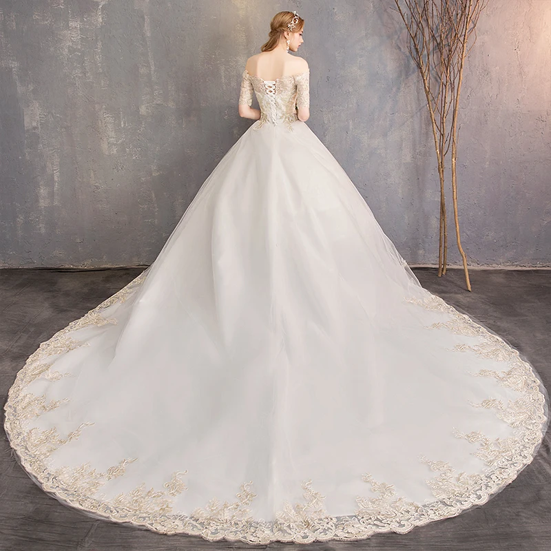 ILoveWedding 2019 новый стиль с открытыми плечами Золотая Кружевная аппликация на заказ