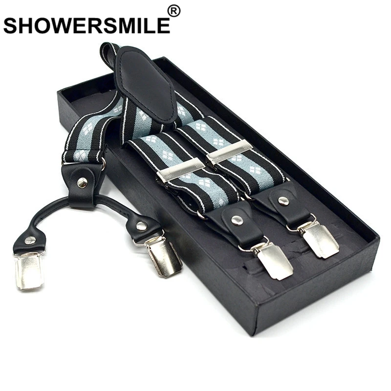SHOWERSMILE полосатые подтяжки брюки мужские Эластичные Y Форма подтяжки 4 зажимы Подвески ремень 3,5*120 см темно-синий подтяжки мужской красный черный