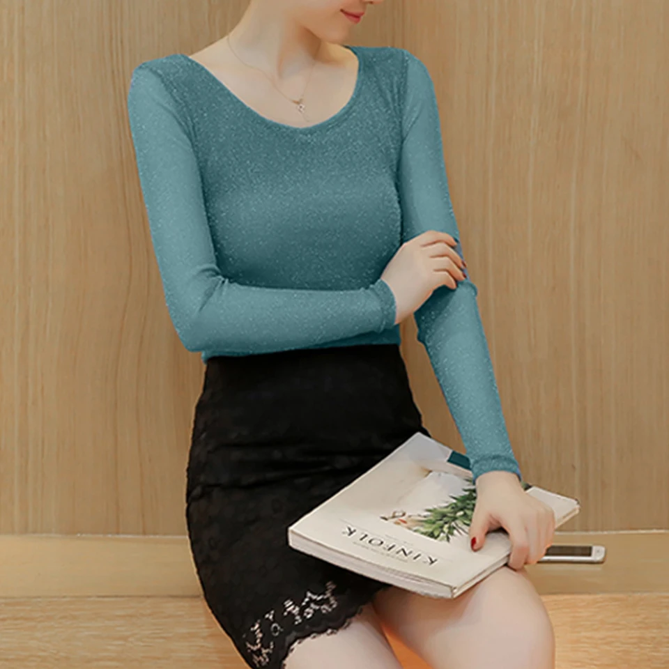 

Gold Silver Sequin Top Glitter Shirt Shiny Top Vetement Femme 2021 Bodycon Shirt Women Long Sleeve Transparent Mesh Tight Tshirt