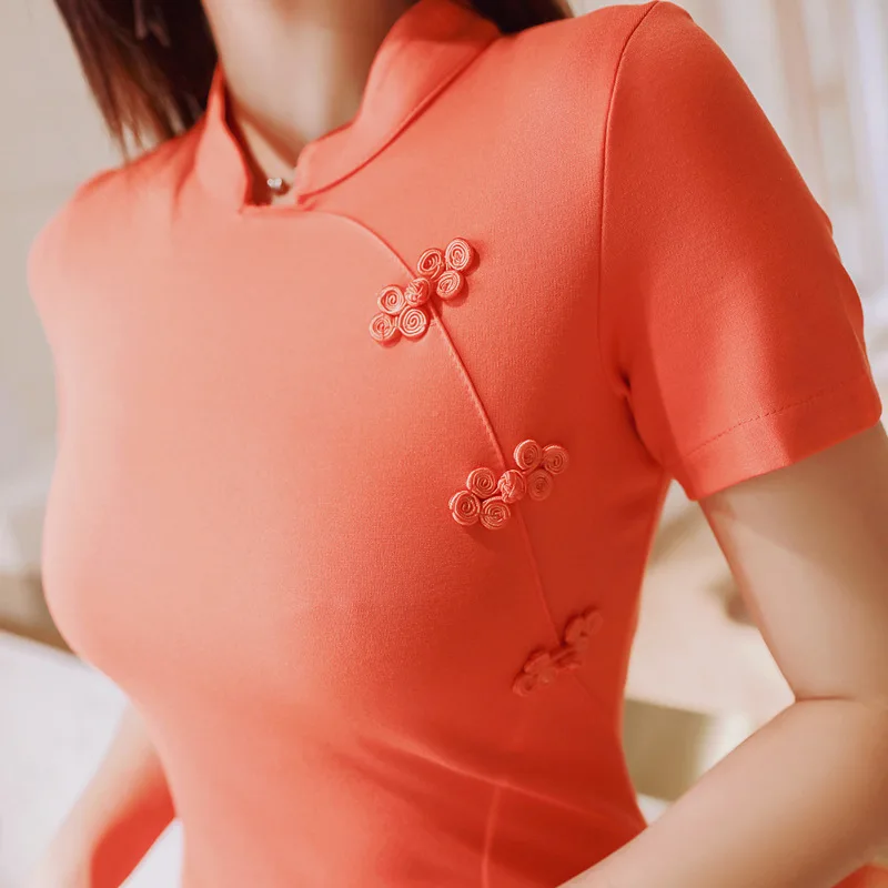 Summer Women Suit Vintage 2 Pieces Set Stand-up Collar Short Sleeve Long Cheongsam Blouse Tops and Pants Two |