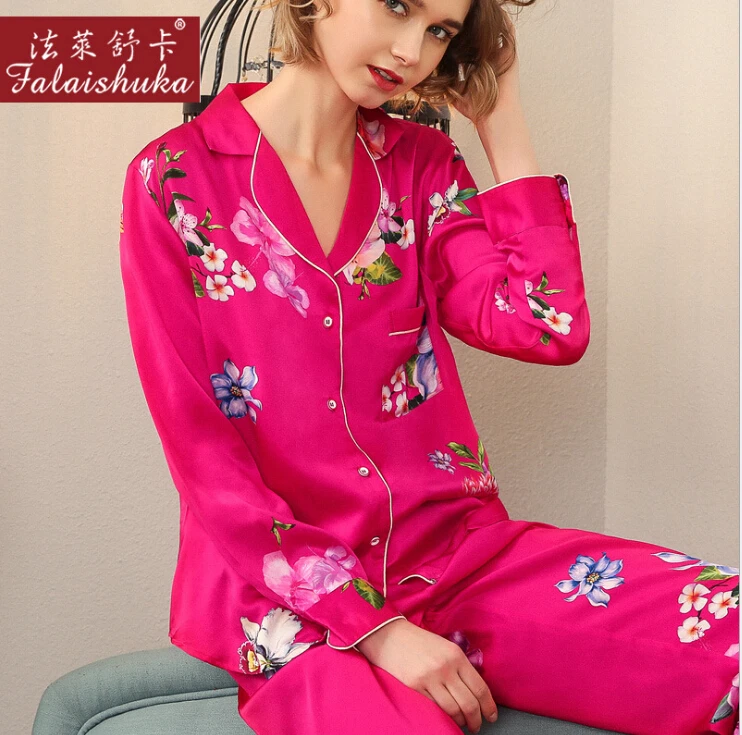 100% Silk Stain Pajamas Set Long Sleeve Women Flower Print 2019 Lady Red Silk Homewear Two Piece Pants Sets Sleepwear Clothing