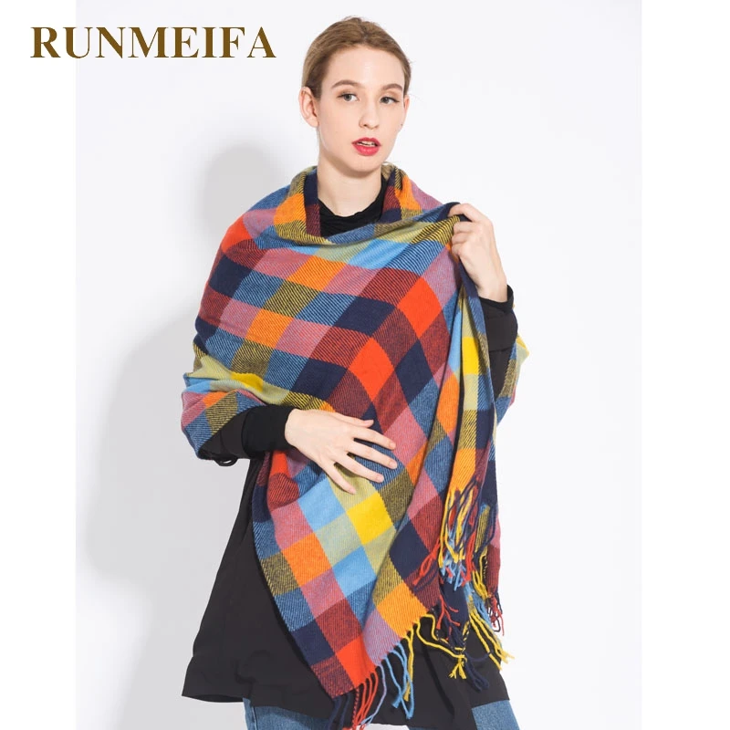 

Новинка от бренда RUNMEIFA, стильные женские шарфы на осень и зиму, женская модная клетчатая акриловая Толстая теплая шаль с кисточками, шарф