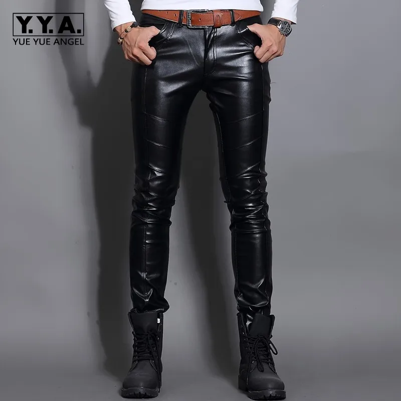 New Fashion PU Leather Mens Pants Winter Fleece Lining Trousers Motorcycle Punk Man Slim Fit Trousers Night Club Skinny Pants