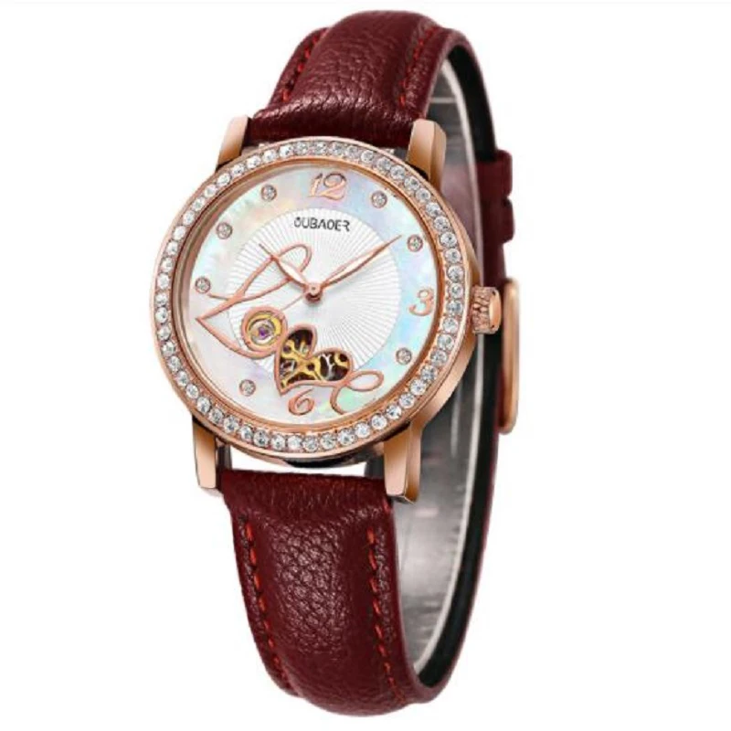 Часы женские механические с полым циферблатом и кожаным ремешком|Женские