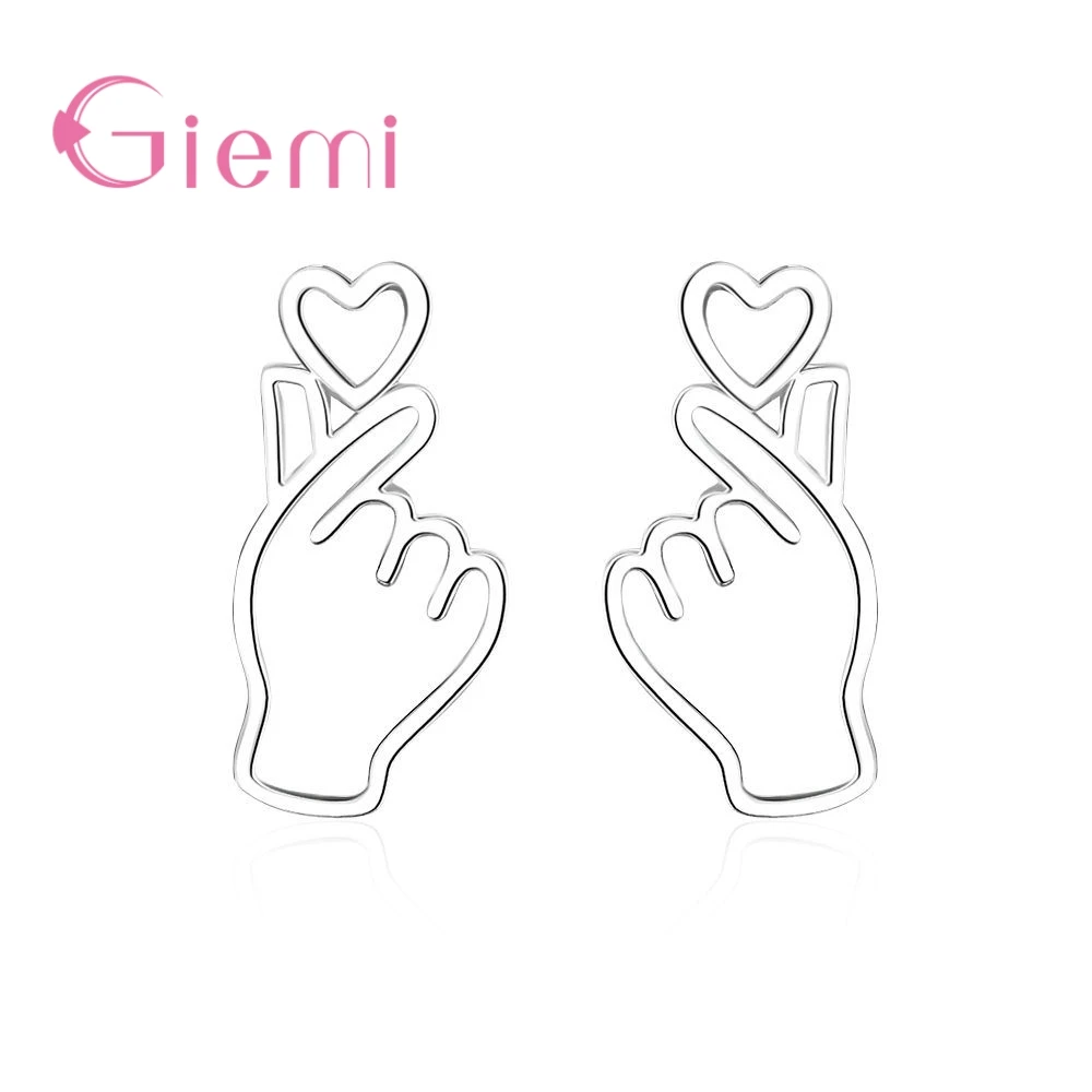 

Hot Sale Hand Gesture Show Love Heart Shaped Girls Women Favorite Stud Earrings Sterling Silver 925 Jewelry Fast Shipping
