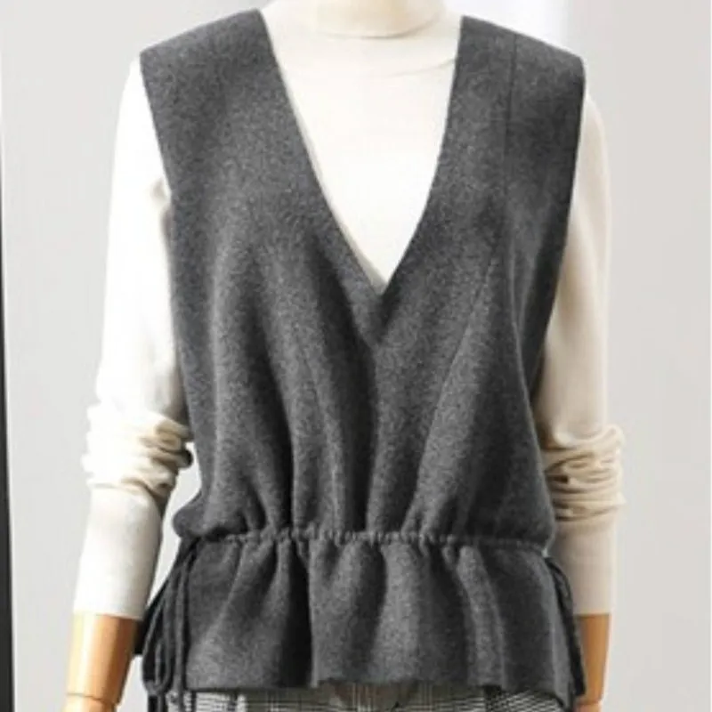 

women Cashmere vest waistcoat jacket women sweater loose vest pullover big yards Deep V-neck wool vest lacing female hedging