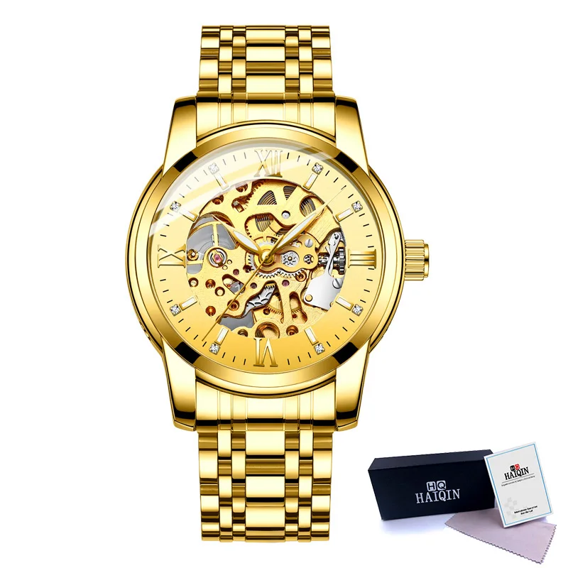 All-gold Новинка HAIQIN мужские часы Механические золотые роскошные подарочные часы военные водонепроницаемые часы с автоматическим заводом мужские наручные часы mecanico de hombres - Цвет: All-gold