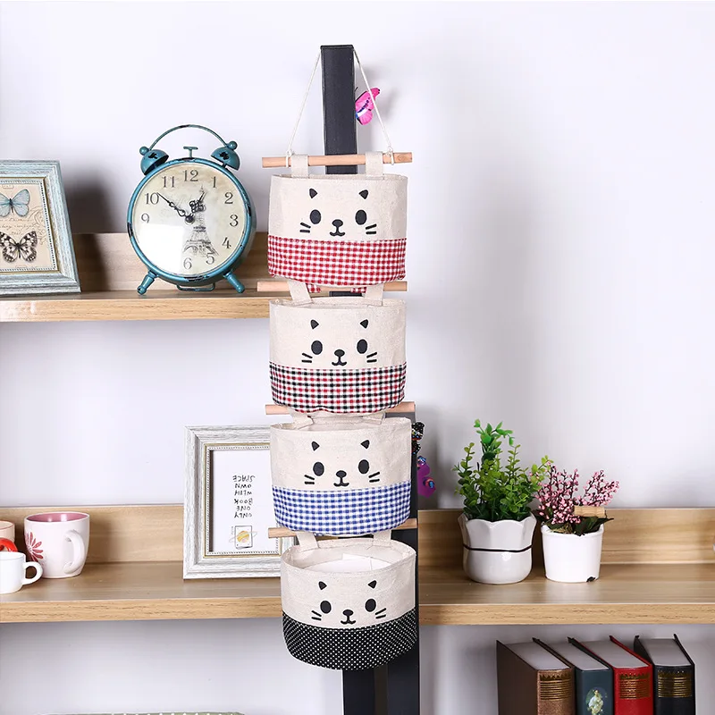 Kawaii Cat Wall Sundry Fabric Cotton Pocket Hanging Holder Storage Bags Rack Makeup Cosmetic Organizer Box Organizers | Дом и сад