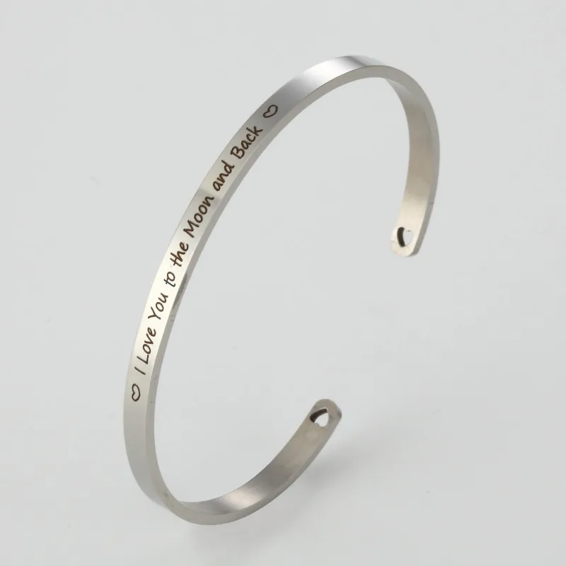 

10PCS 62MM Inspirational Cuff Bracelet Jewelry Lettering I love you to the moon and back Stainless Steel bangle Bracelet