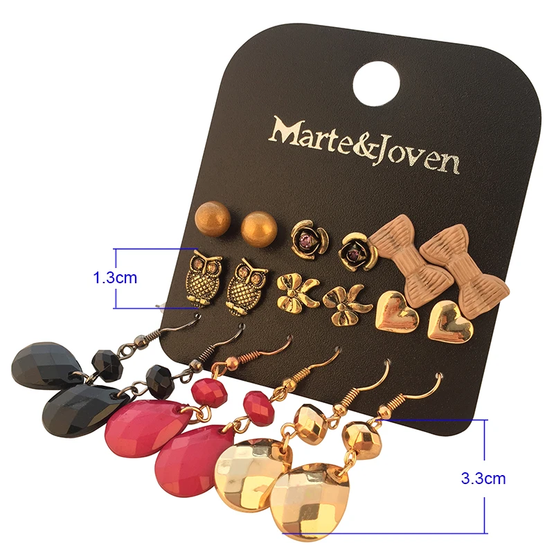 Marte&ampJoven Retro Water Drop Long Earring Set for Women Classic Flower/Owl/Bow-knot/Heart Earrings 9 Pairs/set Ear Jewelry | Украшения и