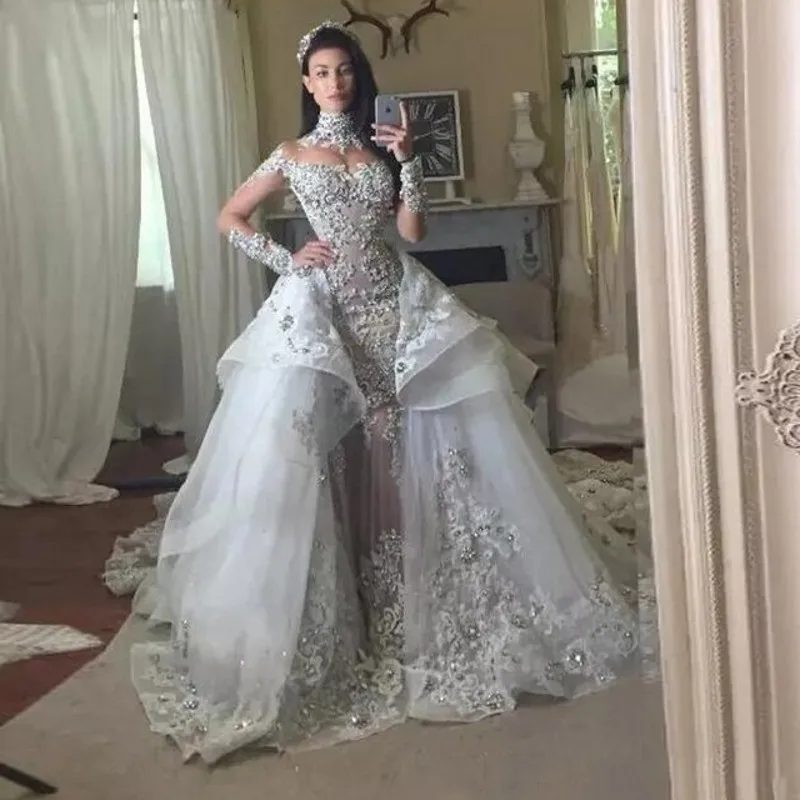 

Gorgeous Woman Dress Sequins Bead Woman Gowns Silver Abendkleider Vestido De Noiva Custom Made Crystal Dress With Sleeves