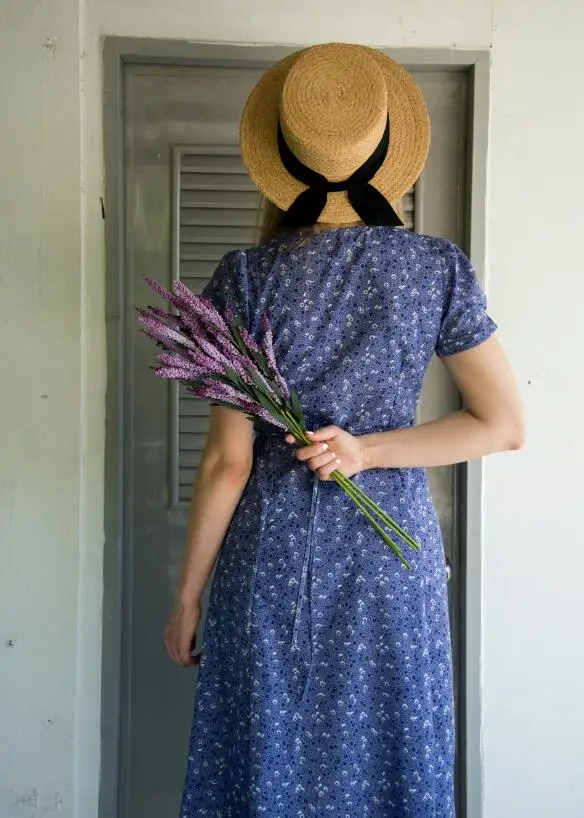 2019 Spring Summer Women Purple Floral Dress V-neck Short Sleeves Vintage Split Long robe femme | Женская одежда